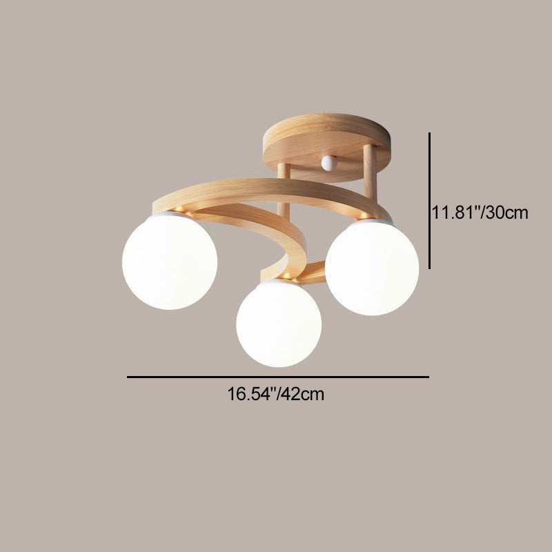 Contemporary Nordic Dome Moon Orbs Rubber Wood Glass Lampshade 3/5 - Light Semi-Flush Mount Ceiling Light For Bedroom