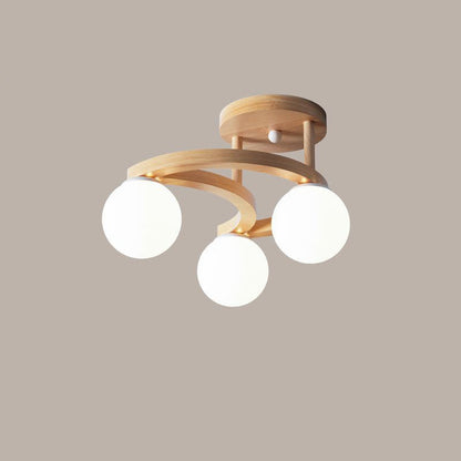 Contemporary Nordic Dome Moon Orbs Rubber Wood Glass Lampshade 3/5 - Light Semi-Flush Mount Ceiling Light For Bedroom