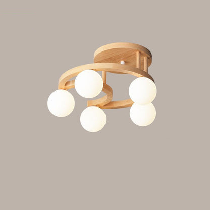 Contemporary Nordic Dome Moon Orbs Rubber Wood Glass Lampshade 3/5 - Light Semi-Flush Mount Ceiling Light For Bedroom