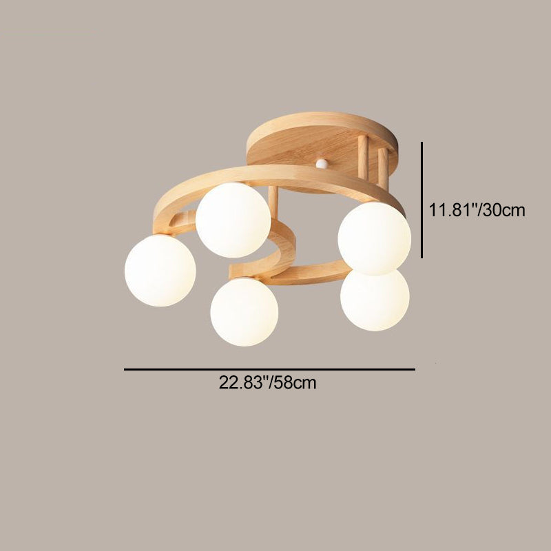 Contemporary Nordic Dome Moon Orbs Rubber Wood Glass Lampshade 3/5 - Light Semi-Flush Mount Ceiling Light For Bedroom