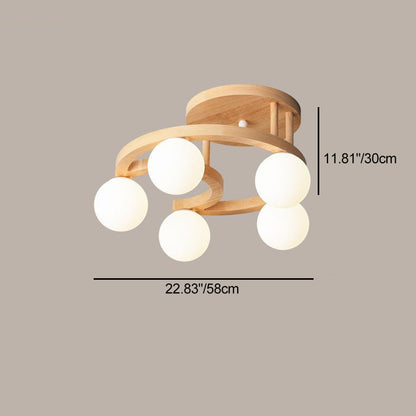 Contemporary Nordic Dome Moon Orbs Rubber Wood Glass Lampshade 3/5 - Light Semi-Flush Mount Ceiling Light For Bedroom