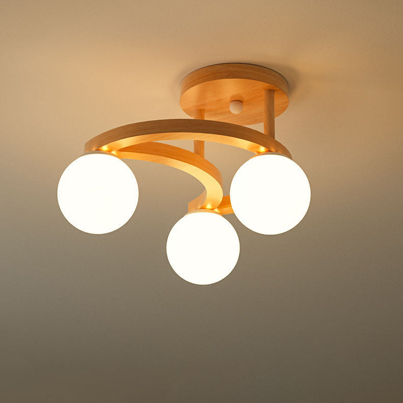 Contemporary Nordic Dome Moon Orbs Rubber Wood Glass Lampshade 3/5 - Light Semi-Flush Mount Ceiling Light For Bedroom