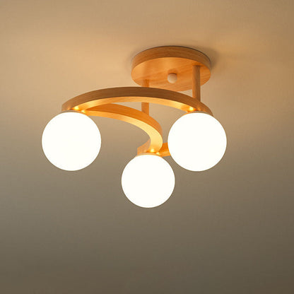 Contemporary Nordic Dome Moon Orbs Rubber Wood Glass Lampshade 3/5 - Light Semi-Flush Mount Ceiling Light For Bedroom