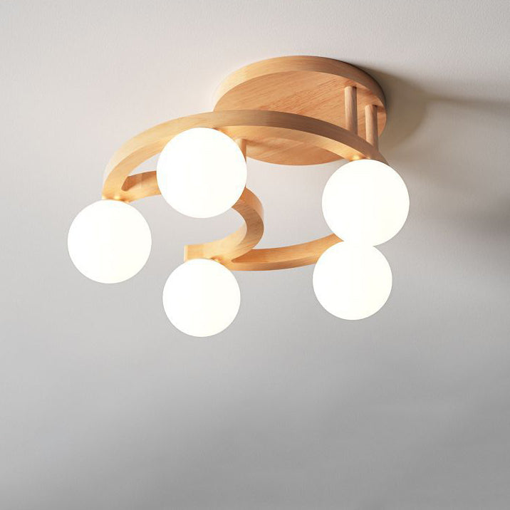 Contemporary Nordic Dome Moon Orbs Rubber Wood Glass Lampshade 3/5 - Light Semi-Flush Mount Ceiling Light For Bedroom