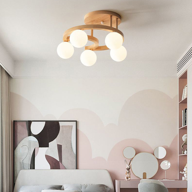 Contemporary Nordic Dome Moon Orbs Rubber Wood Glass Lampshade 3/5 - Light Semi-Flush Mount Ceiling Light For Bedroom