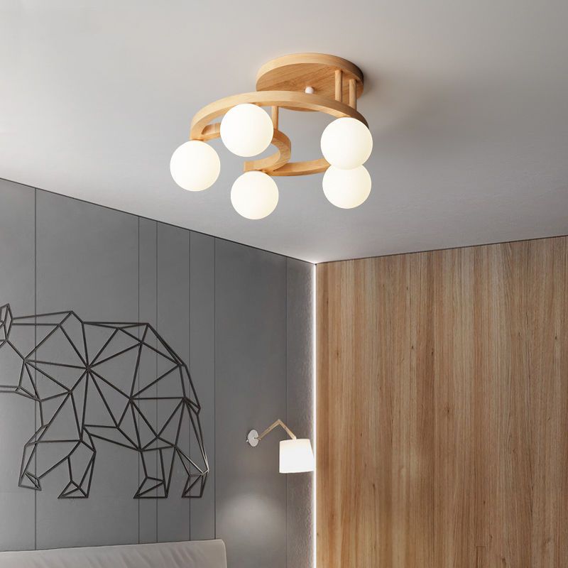 Contemporary Nordic Dome Moon Orbs Rubber Wood Glass Lampshade 3/5 - Light Semi-Flush Mount Ceiling Light For Bedroom