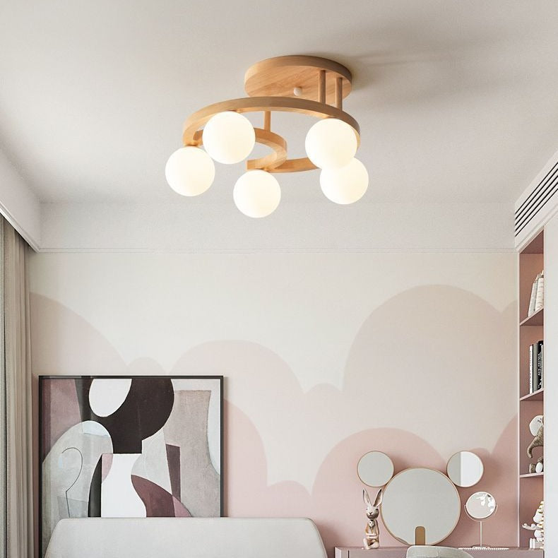 Contemporary Nordic Dome Moon Orbs Rubber Wood Glass Lampshade 3/5 - Light Semi-Flush Mount Ceiling Light For Bedroom