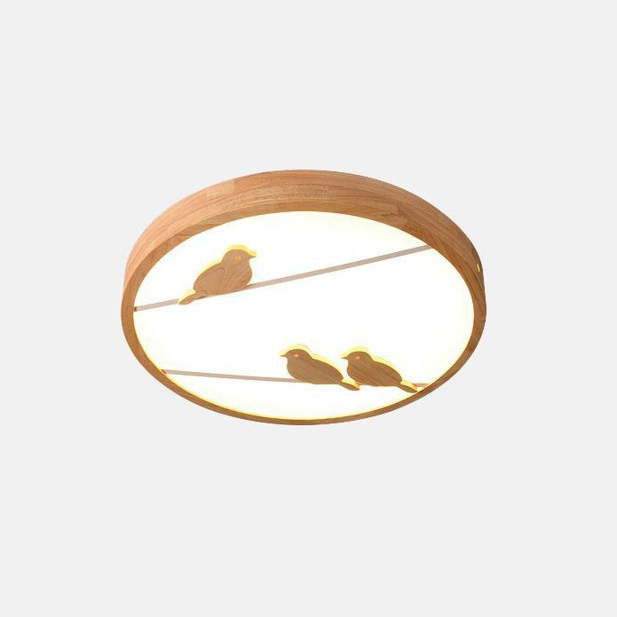 Contemporary Nordic Round Birds Acrylic Rubber Wood LED Flush Mount Ceiling Light For Bedroom