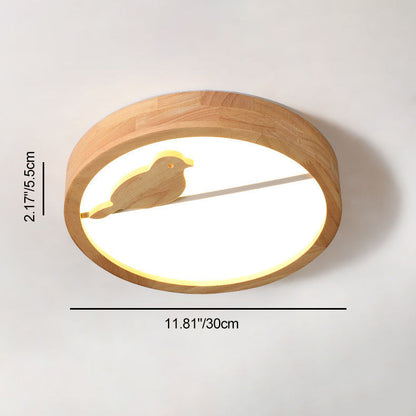 Contemporary Nordic Round Birds Acrylic Rubber Wood LED Flush Mount Ceiling Light For Bedroom