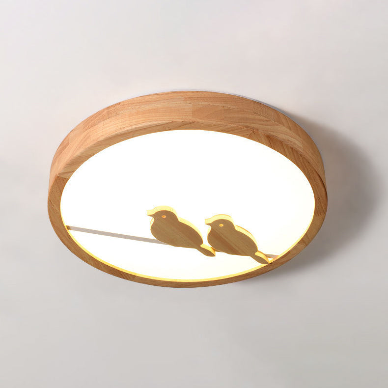 Contemporary Nordic Round Birds Acrylic Rubber Wood LED Flush Mount Ceiling Light For Bedroom