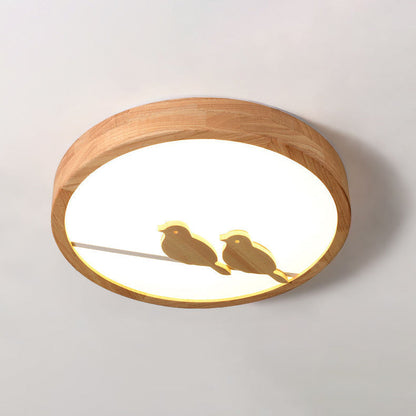 Contemporary Nordic Round Birds Acrylic Rubber Wood LED Flush Mount Ceiling Light For Bedroom