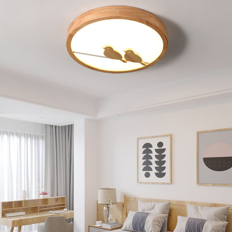 Contemporary Nordic Round Birds Acrylic Rubber Wood LED Flush Mount Ceiling Light For Bedroom