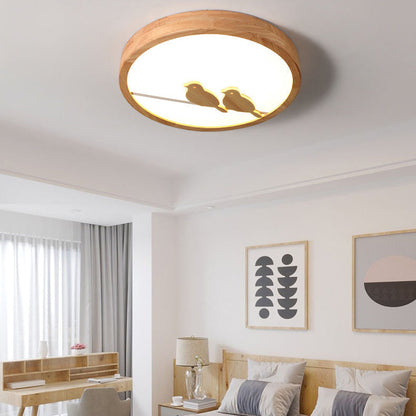 Contemporary Nordic Round Birds Acrylic Rubber Wood LED Flush Mount Ceiling Light For Bedroom