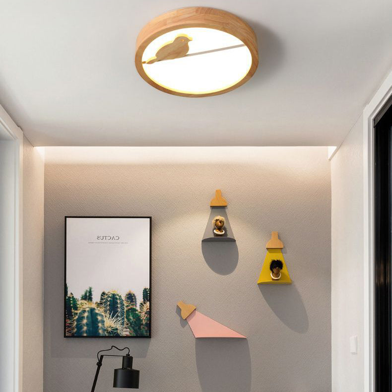 Contemporary Nordic Round Birds Acrylic Rubber Wood LED Flush Mount Ceiling Light For Bedroom