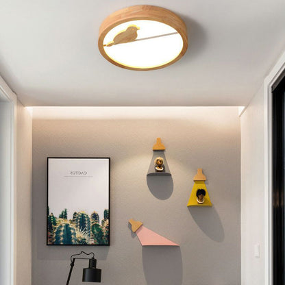 Contemporary Nordic Round Birds Acrylic Rubber Wood LED Flush Mount Ceiling Light For Bedroom