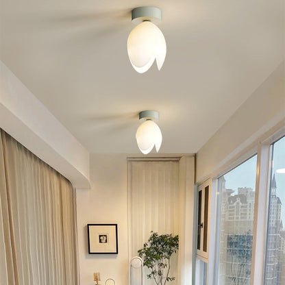 Contemporary Nordic Dome Tulip Flower Iron PE Lampshade LED Semi-Flush Mount Ceiling Light For Hallways