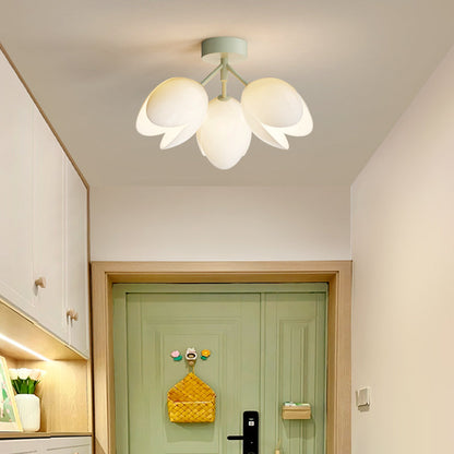 Contemporary Nordic Dome Tulip Flower Iron PE Lampshade LED Semi-Flush Mount Ceiling Light For Hallways