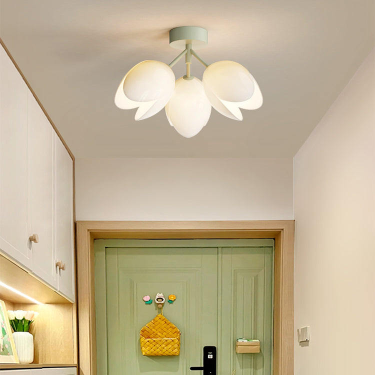 Contemporary Nordic Dome Tulip Flower Iron PE Lampshade LED Semi-Flush Mount Ceiling Light For Hallways
