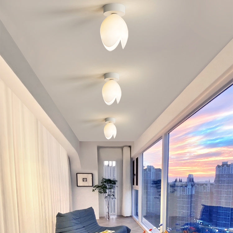 Contemporary Nordic Dome Tulip Flower Iron PE Lampshade LED Semi-Flush Mount Ceiling Light For Hallways