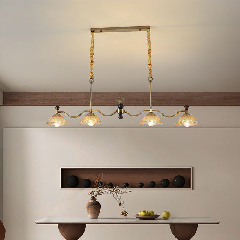 Traditional French Flower Iron Solid Wood Glass 4 - Light Chandelier Island Light For Dining Room
