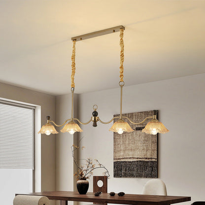 Traditional French Flower Iron Solid Wood Glass 4 - Light Chandelier Island Light For Dining Room