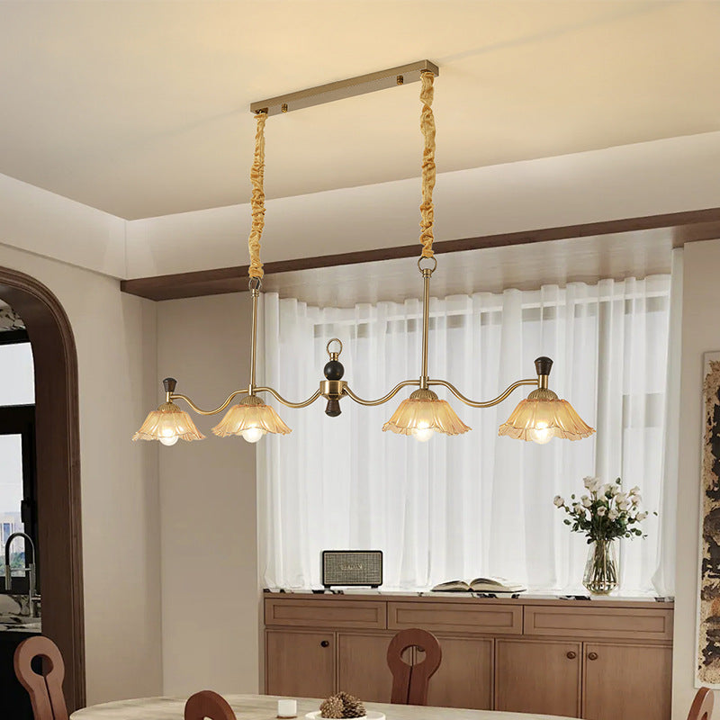 Traditional French Flower Iron Solid Wood Glass 4 - Light Chandelier Island Light For Dining Room
