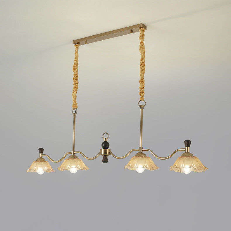 Traditional French Flower Iron Solid Wood Glass 4 - Light Chandelier Island Light For Dining Room