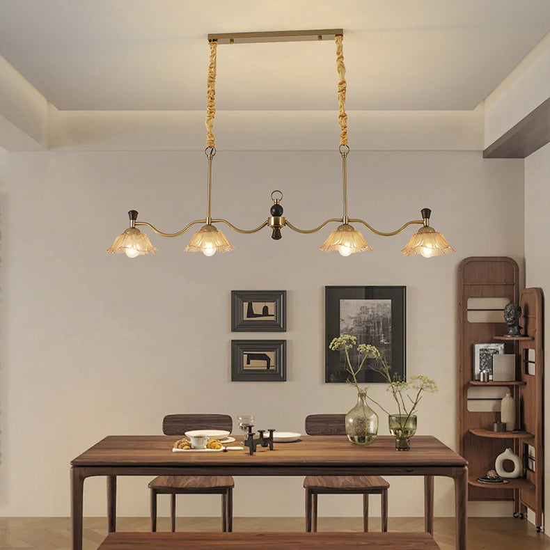 Traditional French Flower Iron Solid Wood Glass 4 - Light Chandelier Island Light For Dining Room