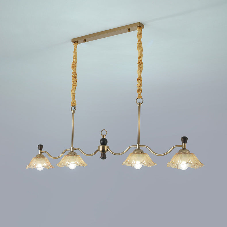 Traditional French Flower Iron Solid Wood Glass 4 - Light Chandelier Island Light For Dining Room