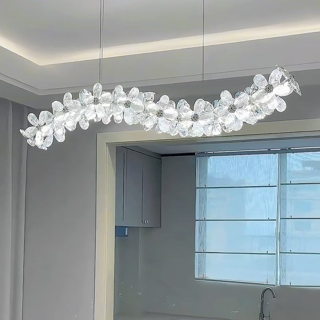 Contemporary Nordic Curve Flowers Crystal Hardware LED Chandelier Island Light For Dining Room