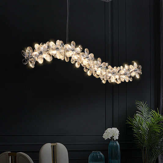 Contemporary Nordic Curve Flowers Crystal Hardware LED Chandelier Island Light For Dining Room