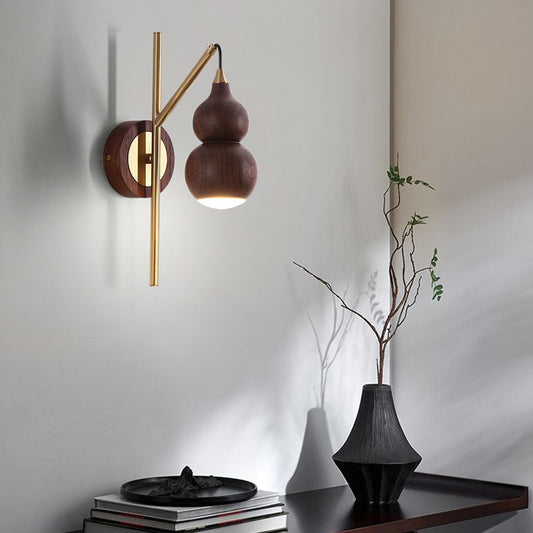 Traditional Chinese Gourd Copper Walnut Lampshade 1 - Light Wall Sconce Lamp For Living Room