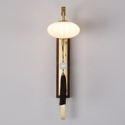 Traditional Chinese Oval Lantern Copper Walnut Lampshade 1 - Light Wall Sconce Lamp For Living Room