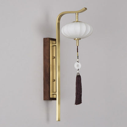 Traditional Chinese Oval Lantern Copper Walnut Lampshade 1 - Light Wall Sconce Lamp For Living Room