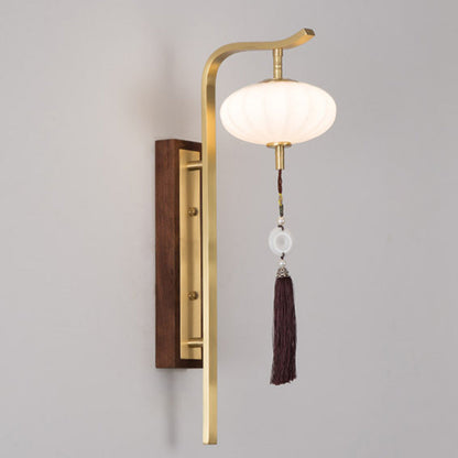 Traditional Chinese Oval Lantern Copper Walnut Lampshade 1 - Light Wall Sconce Lamp For Living Room