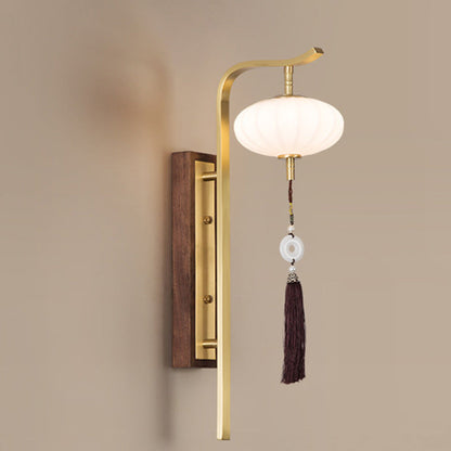 Traditional Chinese Oval Lantern Copper Walnut Lampshade 1 - Light Wall Sconce Lamp For Living Room