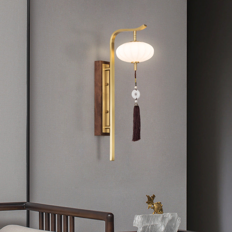 Traditional Chinese Oval Lantern Copper Walnut Lampshade 1 - Light Wall Sconce Lamp For Living Room
