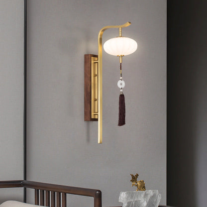 Traditional Chinese Oval Lantern Copper Walnut Lampshade 1 - Light Wall Sconce Lamp For Living Room