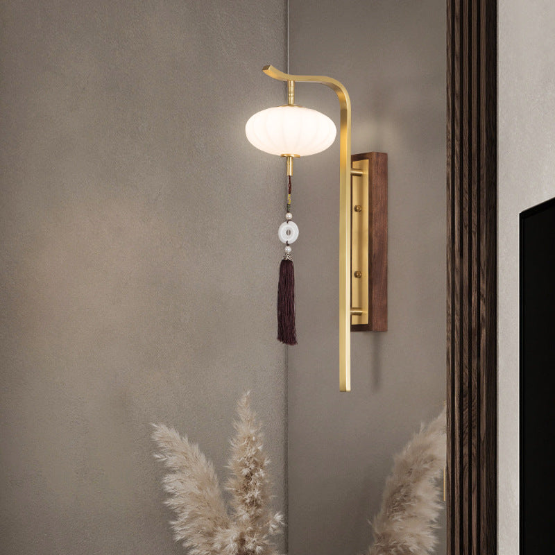 Traditional Chinese Oval Lantern Copper Walnut Lampshade 1 - Light Wall Sconce Lamp For Living Room
