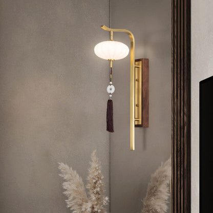 Traditional Chinese Oval Lantern Copper Walnut Lampshade 1 - Light Wall Sconce Lamp For Living Room
