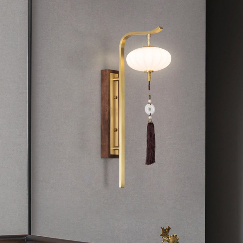 Traditional Chinese Oval Lantern Copper Walnut Lampshade 1 - Light Wall Sconce Lamp For Living Room