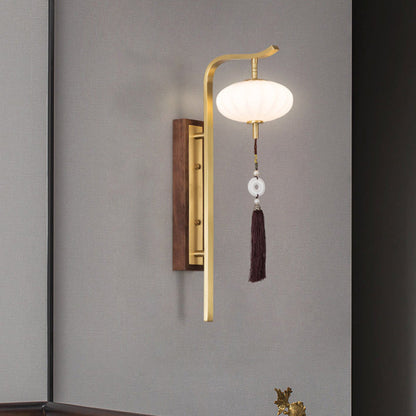Traditional Chinese Oval Lantern Copper Walnut Lampshade 1 - Light Wall Sconce Lamp For Living Room