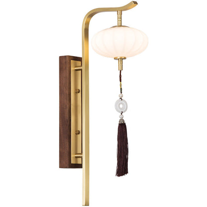 Traditional Chinese Oval Lantern Copper Walnut Lampshade 1 - Light Wall Sconce Lamp For Living Room
