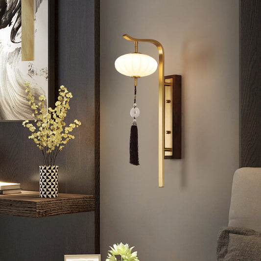 Traditional Chinese Oval Lantern Copper Walnut Lampshade 1 - Light Wall Sconce Lamp For Living Room