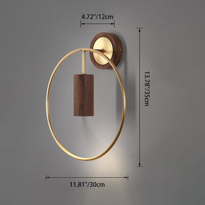 Traditional Chinese Circle Cylinder Copper Walnut Lampshade 1 - Light Wall Sconce Lamp For Living Room