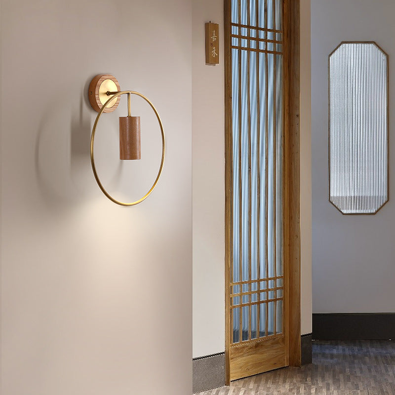 Traditional Chinese Circle Cylinder Copper Walnut Lampshade 1 - Light Wall Sconce Lamp For Living Room