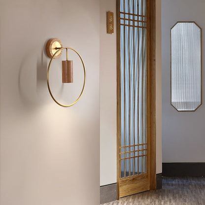 Traditional Chinese Circle Cylinder Copper Walnut Lampshade 1 - Light Wall Sconce Lamp For Living Room