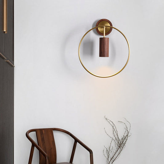 Traditional Chinese Circle Cylinder Copper Walnut Lampshade 1 - Light Wall Sconce Lamp For Living Room