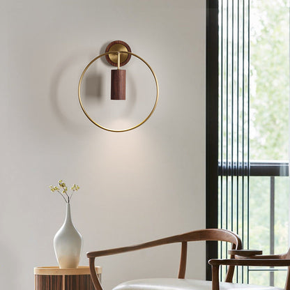 Traditional Chinese Circle Cylinder Copper Walnut Lampshade 1 - Light Wall Sconce Lamp For Living Room