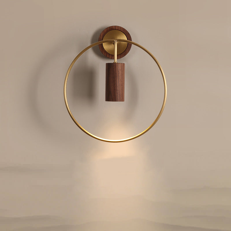 Traditional Chinese Circle Cylinder Copper Walnut Lampshade 1 - Light Wall Sconce Lamp For Living Room